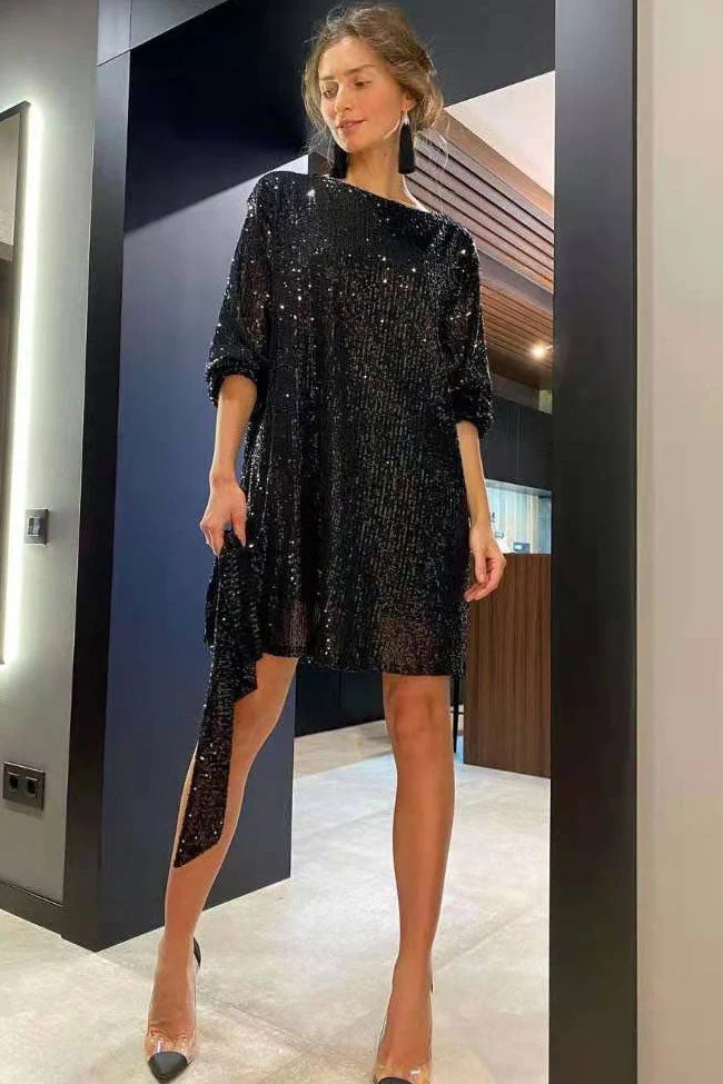 Sparkly Round Neck Bishop Sleeve Belted Sequin Mini Dress - Black - Image 2