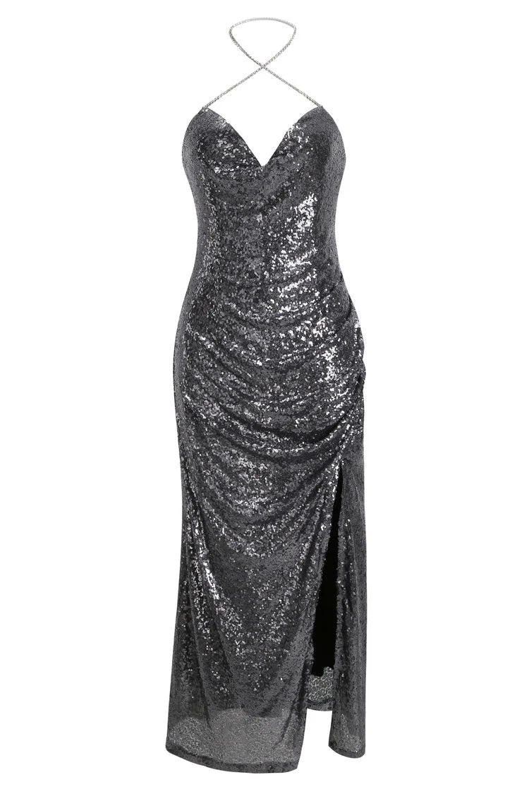 Sparkly Sequin Halter Cowl Neck High Slit Evening Maxi Dress - Silver - Image 4