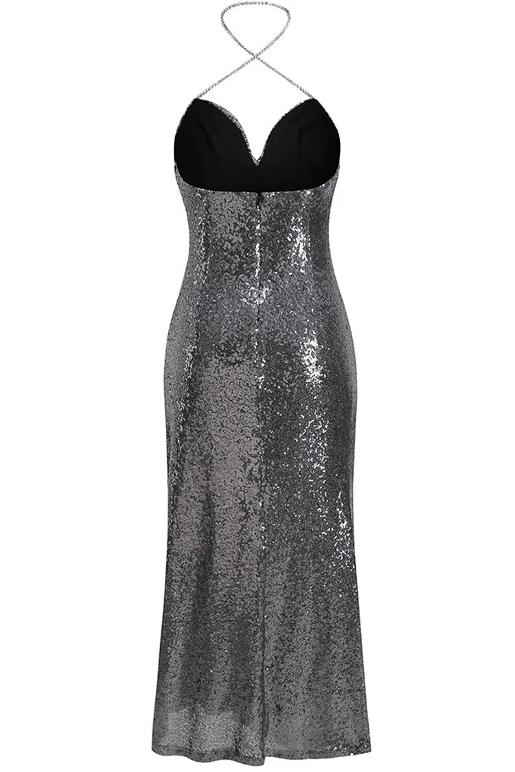 Sparkly Sequin Halter Cowl Neck High Slit Evening Maxi Dress - Silver - Image 5