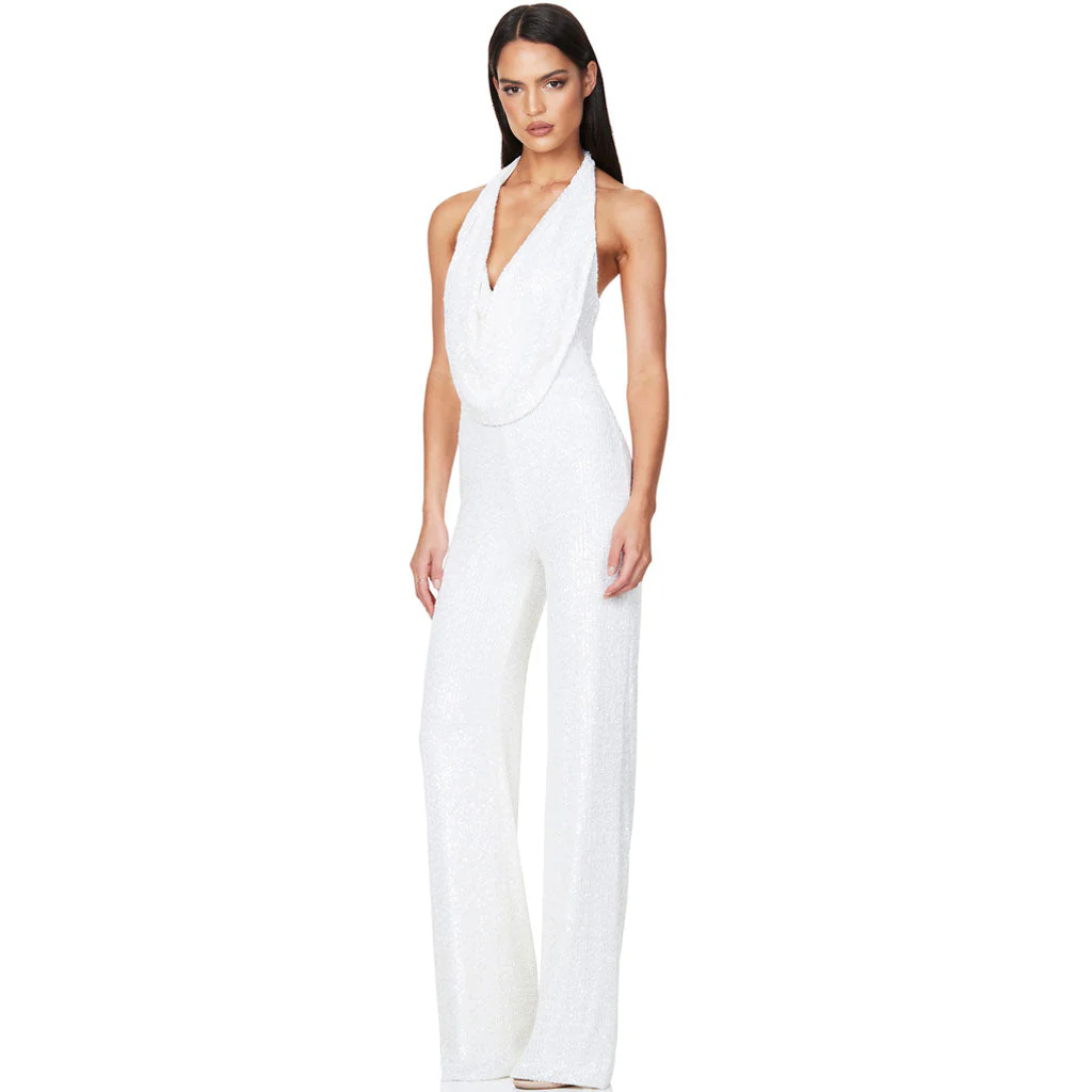 Sequin Halter Cowl Neck Wide Leg Backless Jumpsuit - White - Image 2
