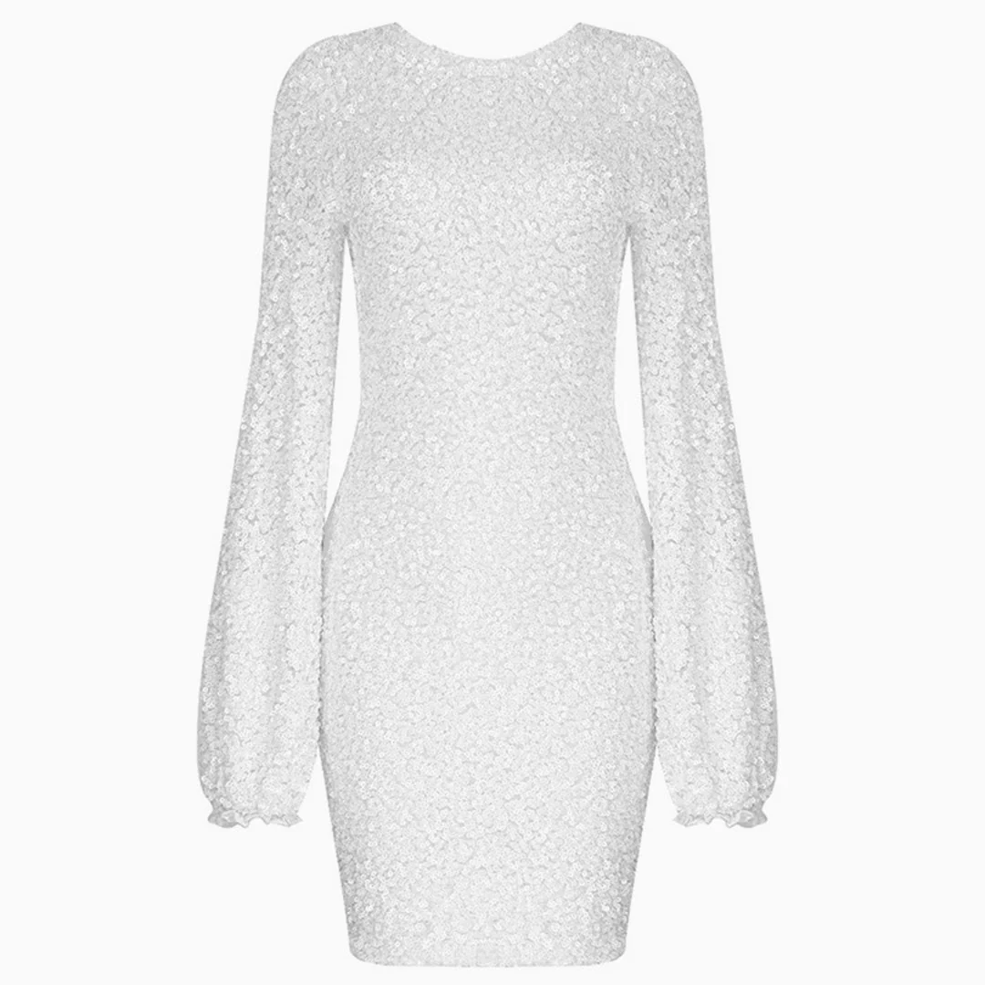 Sequin Lacy Long Sleeve Party Mini Dress - White - Image 3