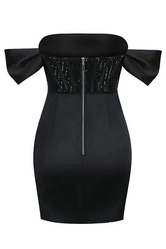 Sparkly Sequin Off Shoulder Satin Corset Club Mini Dress - Black - Image 4