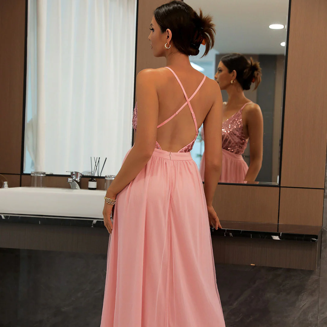Sequin Panel Mesh Deep V Backless Evening Maxi Dress - Pink - Image 3