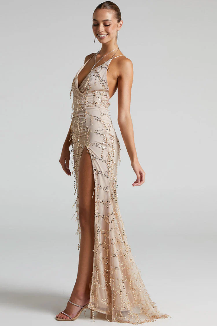 Sparkly Sequin Plunging High Split Backless Evening Maxi Dress - Champagne - Image 2