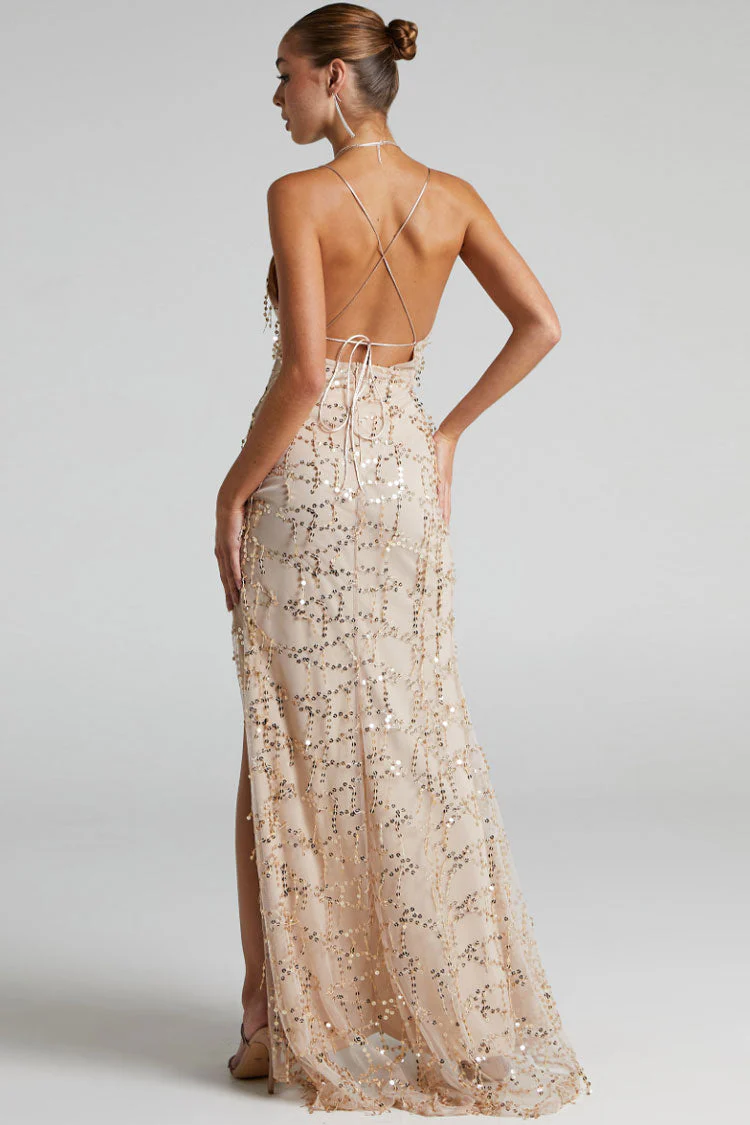 Sparkly Sequin Plunging High Split Backless Evening Maxi Dress - Champagne - Image 4