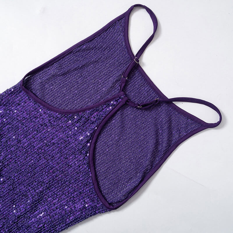 Sequin Scoop Neck Side Split Open Back Maxi Dress - Purple - Image 4