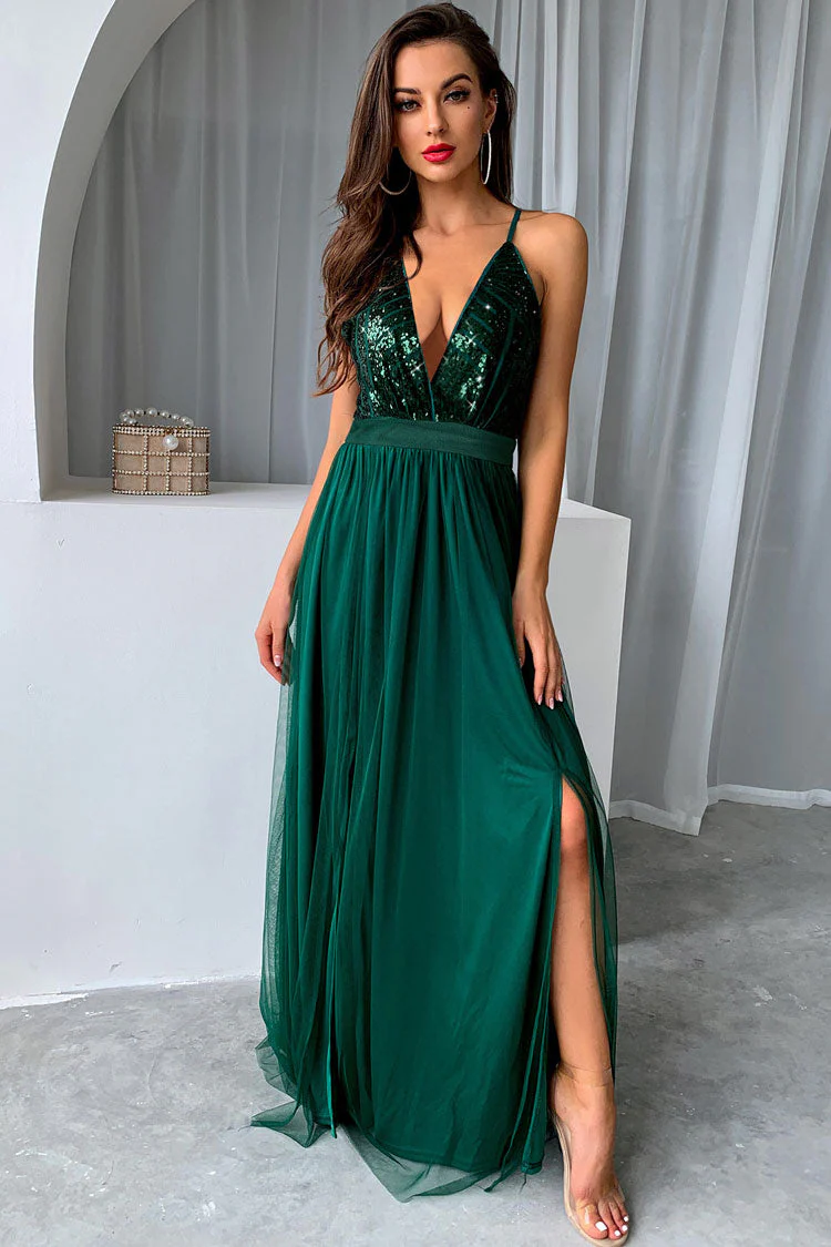Sparkly Sequined Deep V High Split Backless Evening Maxi Dress - Green - Image 2