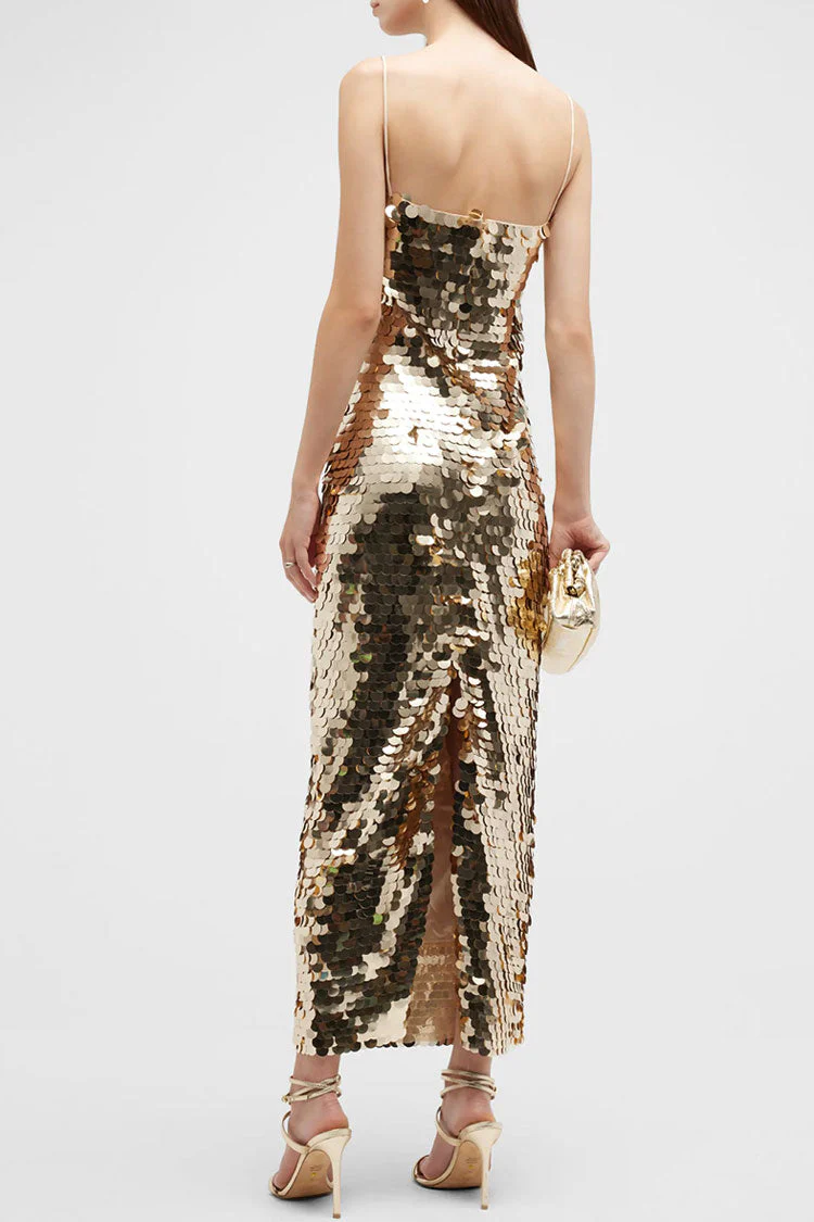Sparkly Square Neck Spaghetti Strap Bodycon Sequin Cocktail Midi Dress - Gold - Image 3