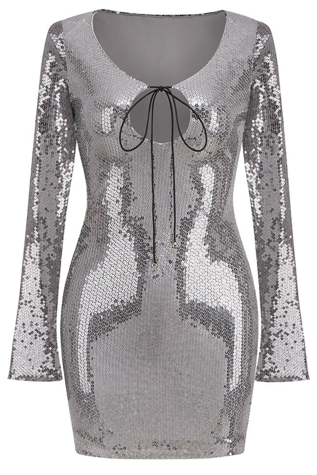 Sparkly Tie Neck Split Sleeve Bodycon Sequin Party Mini Dress - Black Gray - Image 3