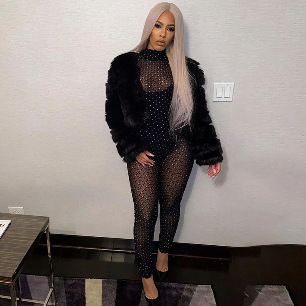 Trimmed High Neck Long Sleeve Mesh Sheer Jumpsuit - Black - Image 2