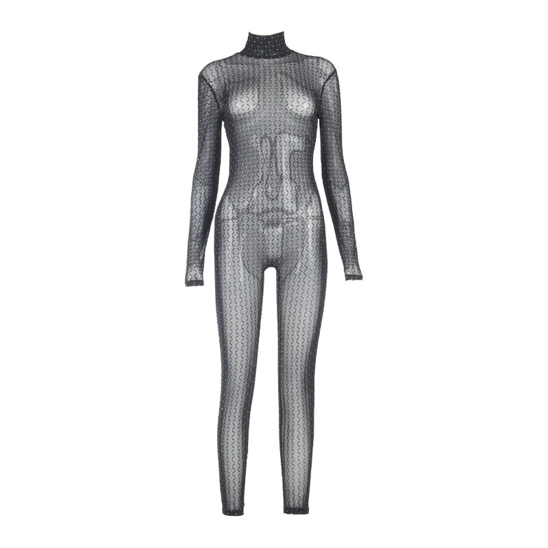 Trimmed High Neck Long Sleeve Mesh Sheer Jumpsuit - Black - Image 3