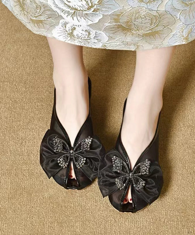 Splicing Chunky Black Tulle Bow Slide Sandals - Image 5