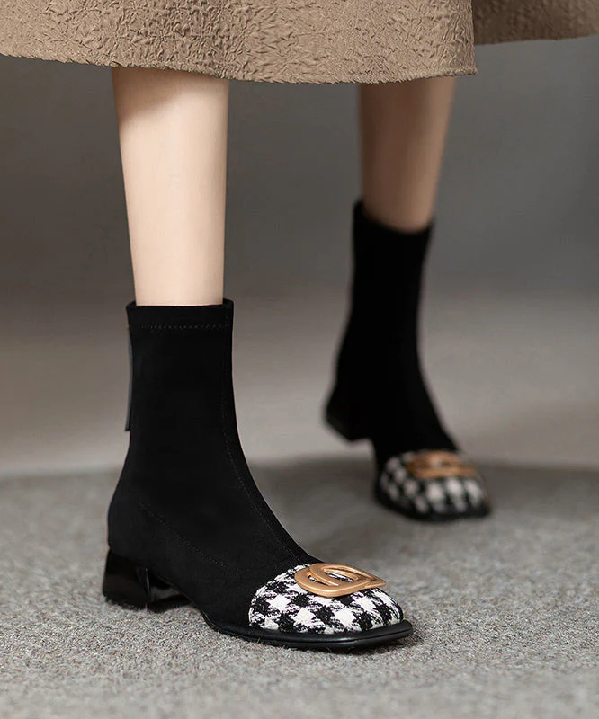 Splicing Chunky Boots Black Suede Sequined - Image 3