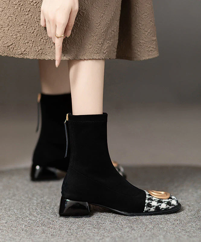 Splicing Chunky Boots Black Suede Sequined - Image 5