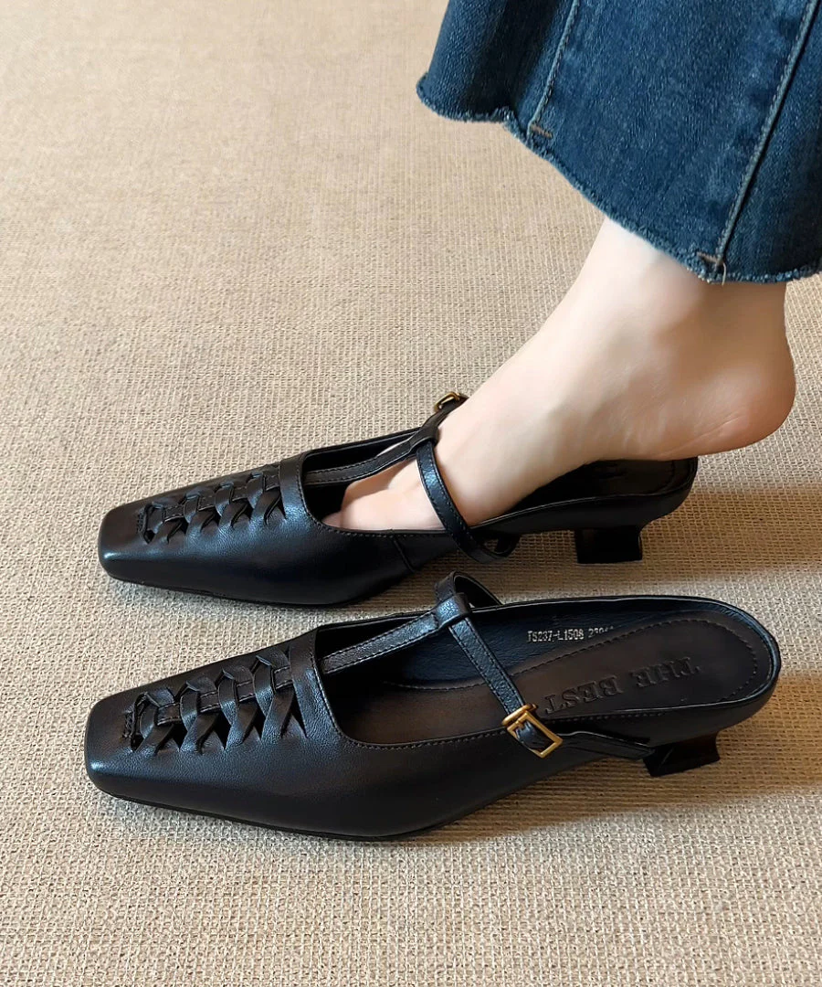 Splicing Elegant Chunky Sandals Black Slide Sheepskin