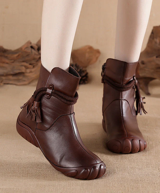 Splicing Leather Cowhide Tassel Black Boots Retro Comfortable - Image 2