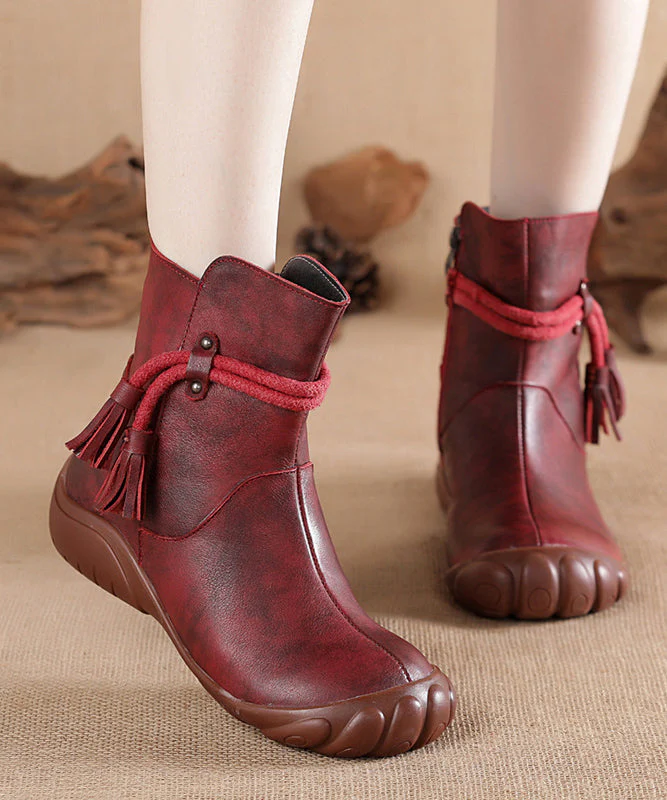 Splicing Leather Cowhide Tassel Black Boots Retro Comfortable - Image 3