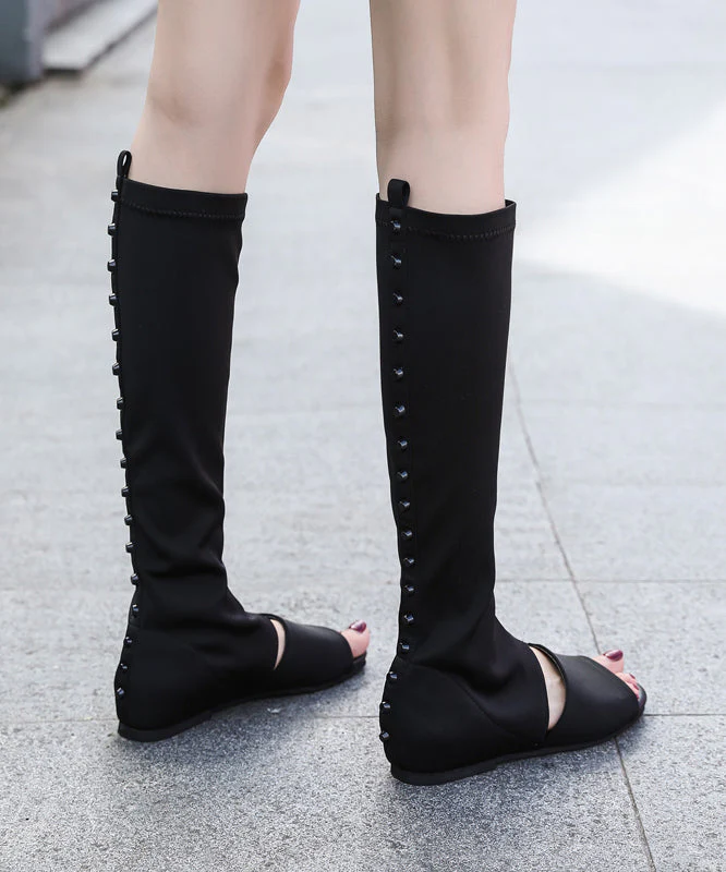 Splicing Long Boots Black Peep Toe Elastic Fabric - Image 4