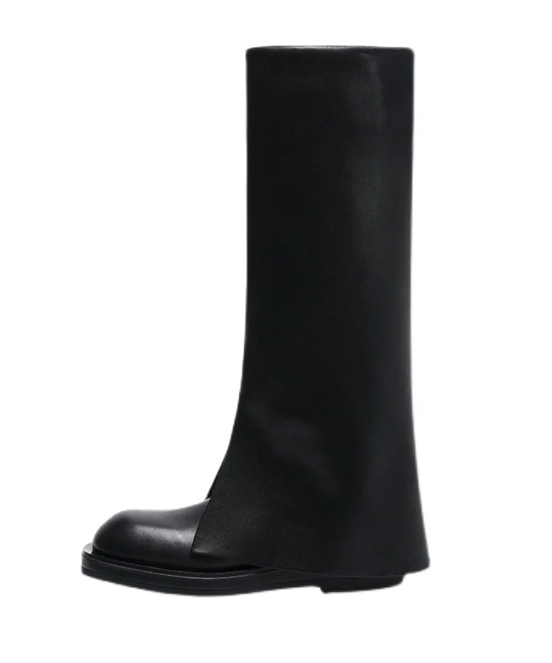 Splicing Platform Boots Black Cowhide Leather - Image 5