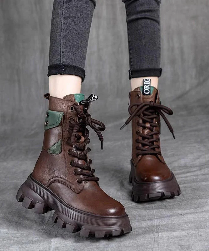 Splicing Platform Boots Black Cowhide Leather Lace Up - Image 2