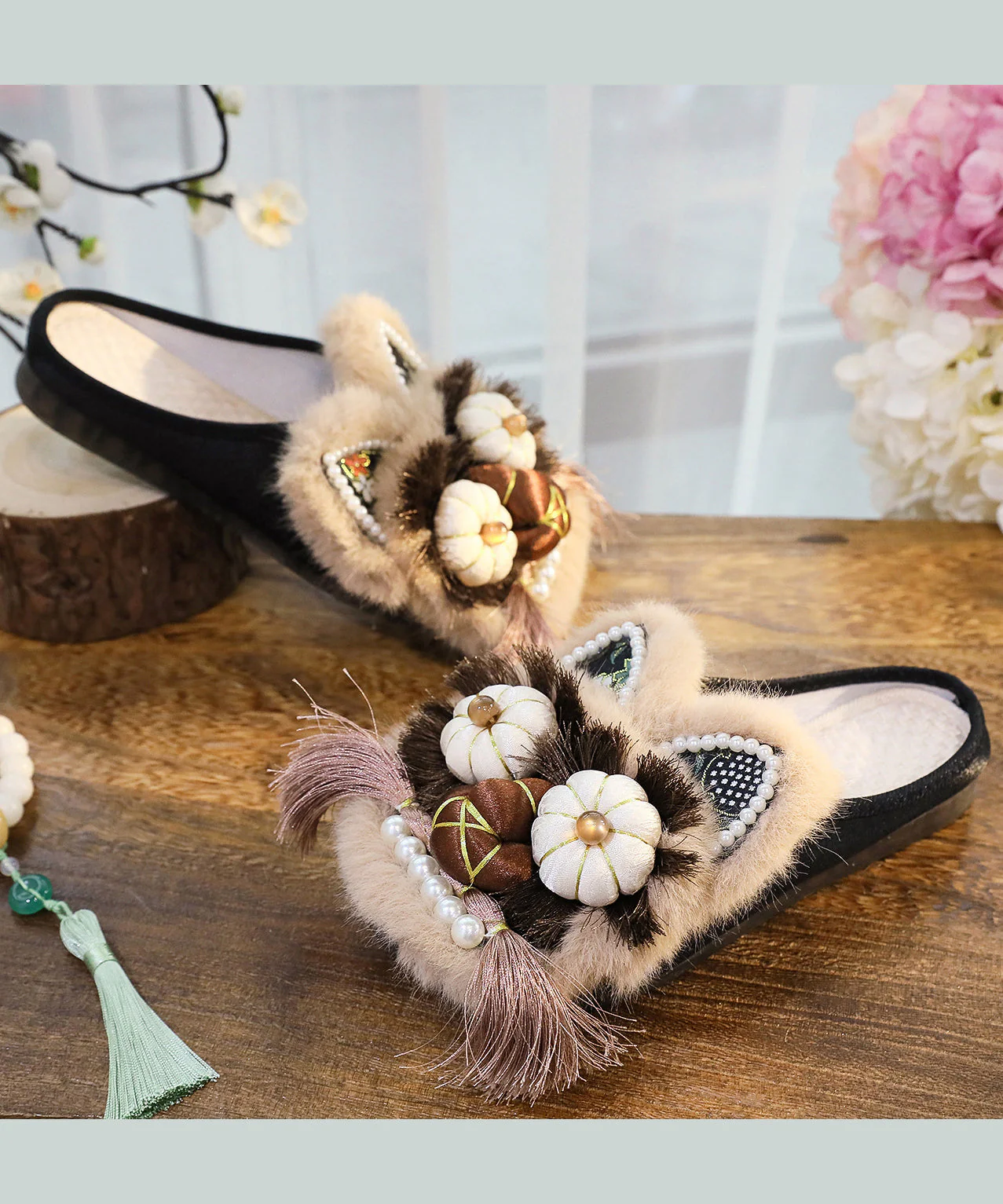 Splicing Slippers Shoes Coffee Embroidery Tassel - Image 3