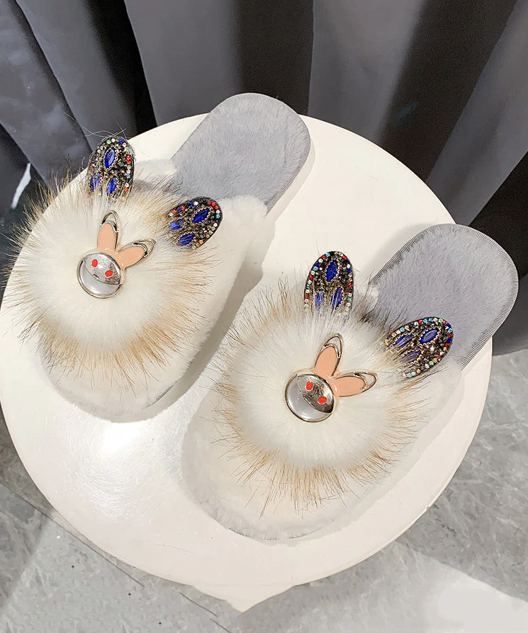 Splicing Slippers Shoes Khaki Fuzzy Fur Zircon - Image 4