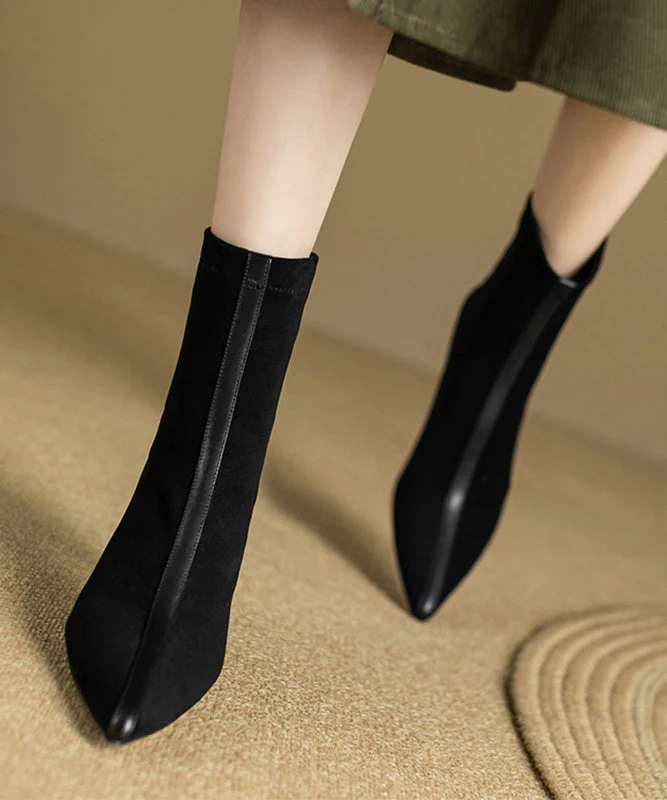 Splicing Stiletto Boots Khaki Suede Pointed Toe - Image 2