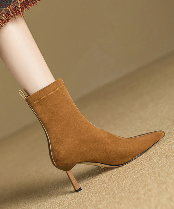 Splicing Stiletto Boots Khaki Suede Pointed Toe - Image 3