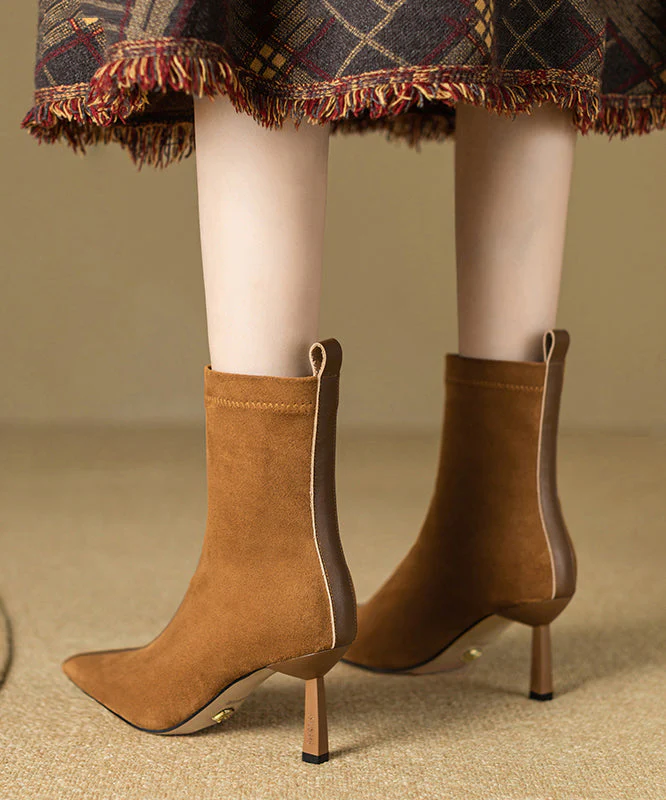 Splicing Stiletto Boots Khaki Suede Pointed Toe - Image 5
