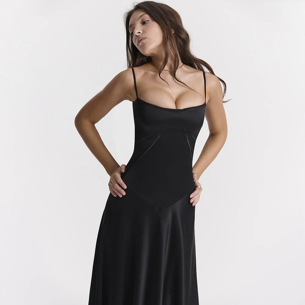 Square Neck Pintuck Trim Lace Up Back Satin Slip Maxi Dress - Black - Image 5