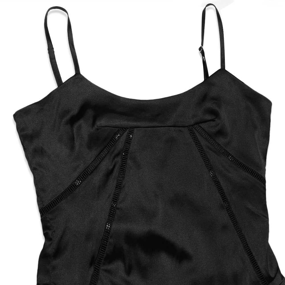 Square Neck Pintuck Trim Lace Up Back Satin Slip Maxi Dress - Black - Image 6