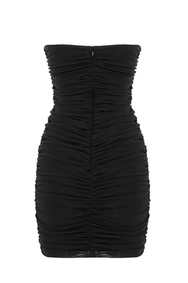 Strapless Deep V Underwire Ruched Bodycon Mini Party Dress - Black - Image 4