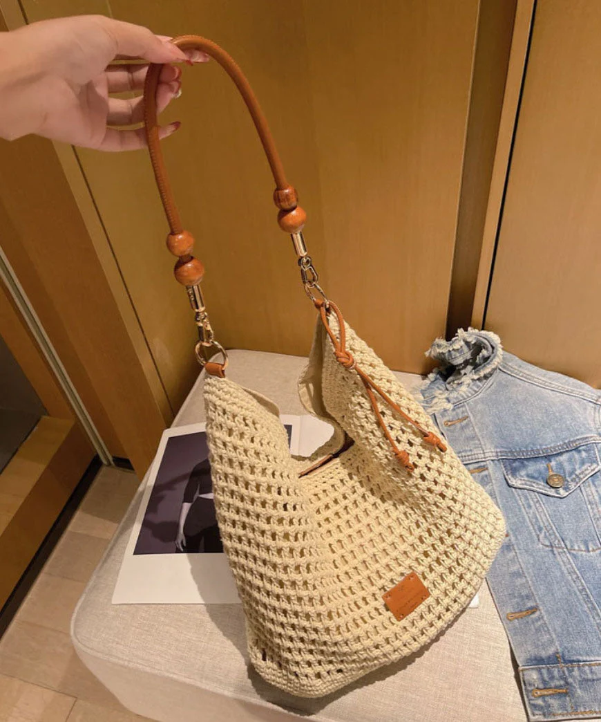 Straw Apricot Bag Shoulder Woven Large Capacity - Image 5