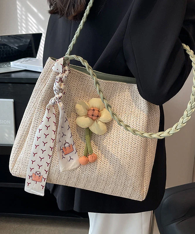 Straw Capacity Shoulder Woven Bag Beige Large Style - Image 3