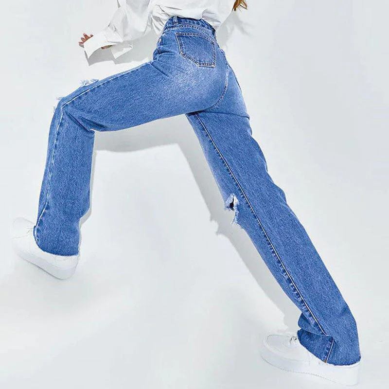 Cut Out High Waist Frayed Straight Leg Jeans- Blue - Image 3