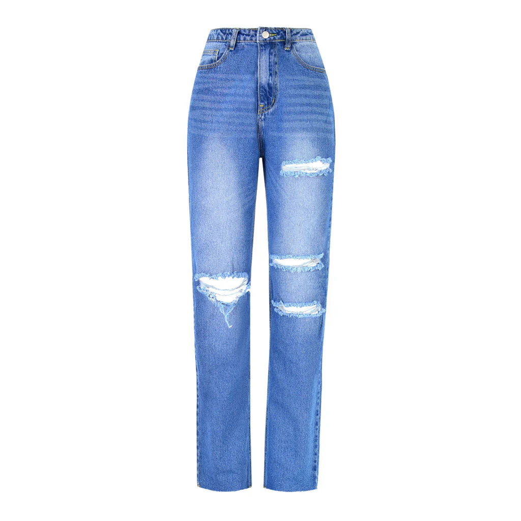 Cut Out High Waist Frayed Straight Leg Jeans- Blue - Image 4