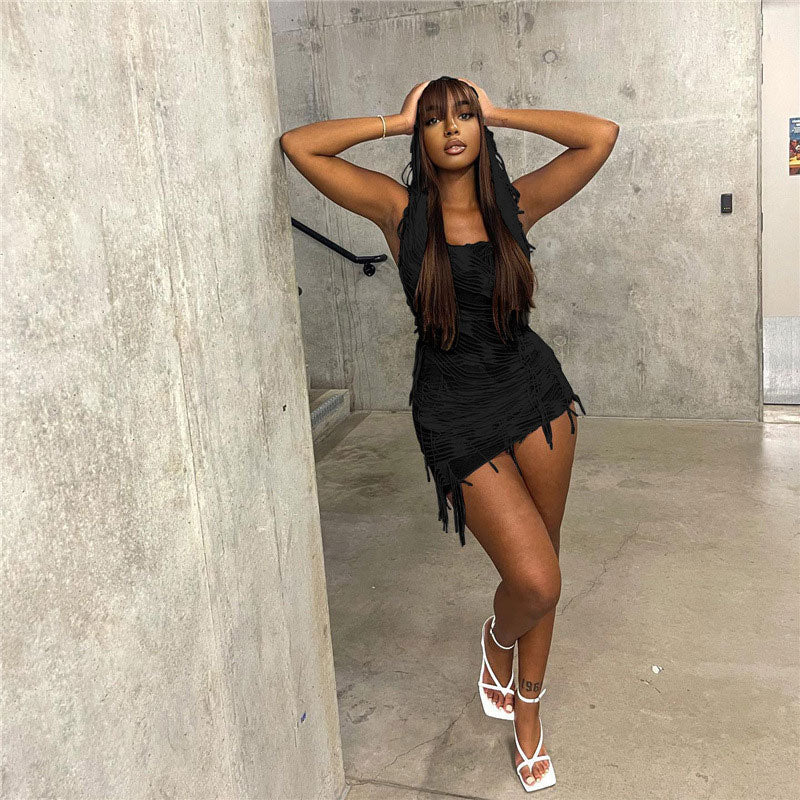 Distressed Sleeveless Low Back Hooded Mini Dress - Black - Image 2