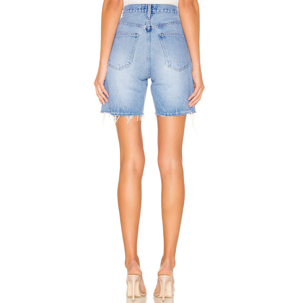 High Waist Frayed Bermuda Denim Shorts - Blue - Image 3