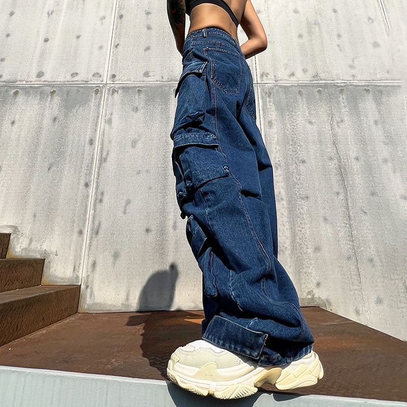 Panel Trim Patch Pocket Cargo Jeans - Blue - Image 3