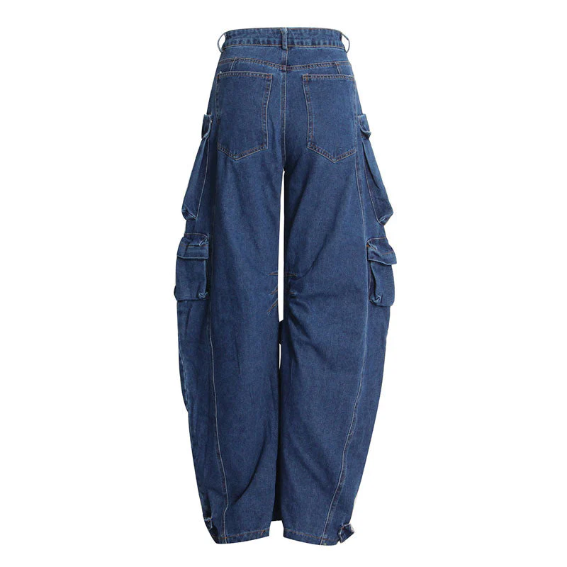 Panel Trim Patch Pocket Cargo Jeans - Blue - Image 4