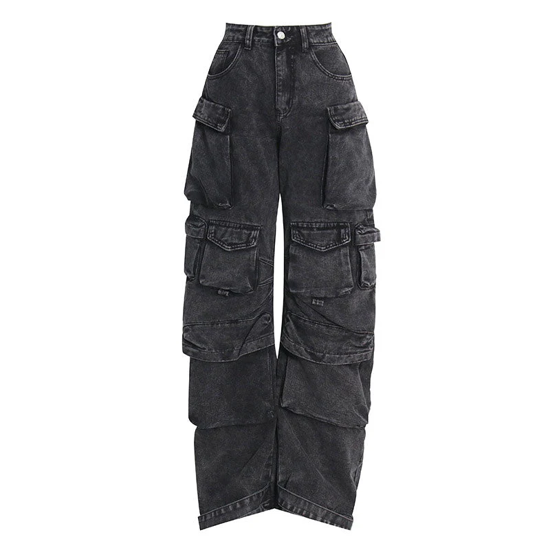 Panel Trim Patch Pocket Cargo Jeans - Gray - Image 2