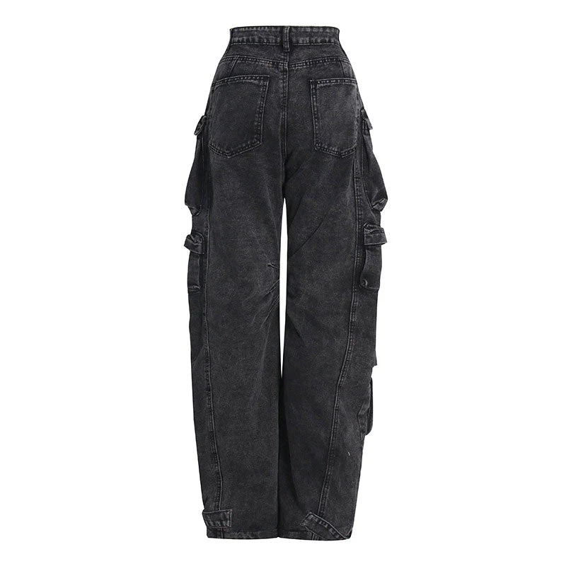 Panel Trim Patch Pocket Cargo Jeans - Gray - Image 3