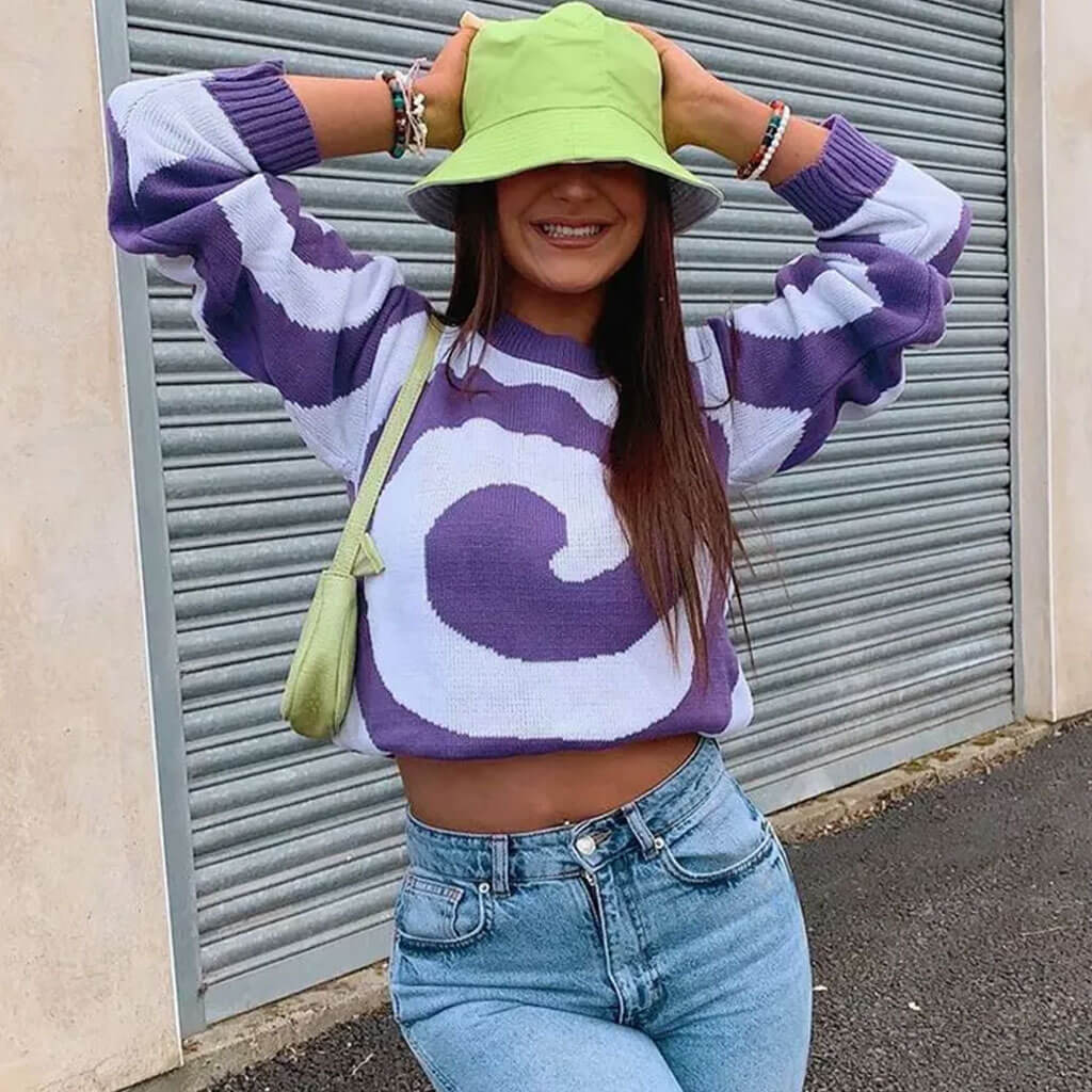 Whirlpool Round Neck Pullover Sweater - Purple - Image 3