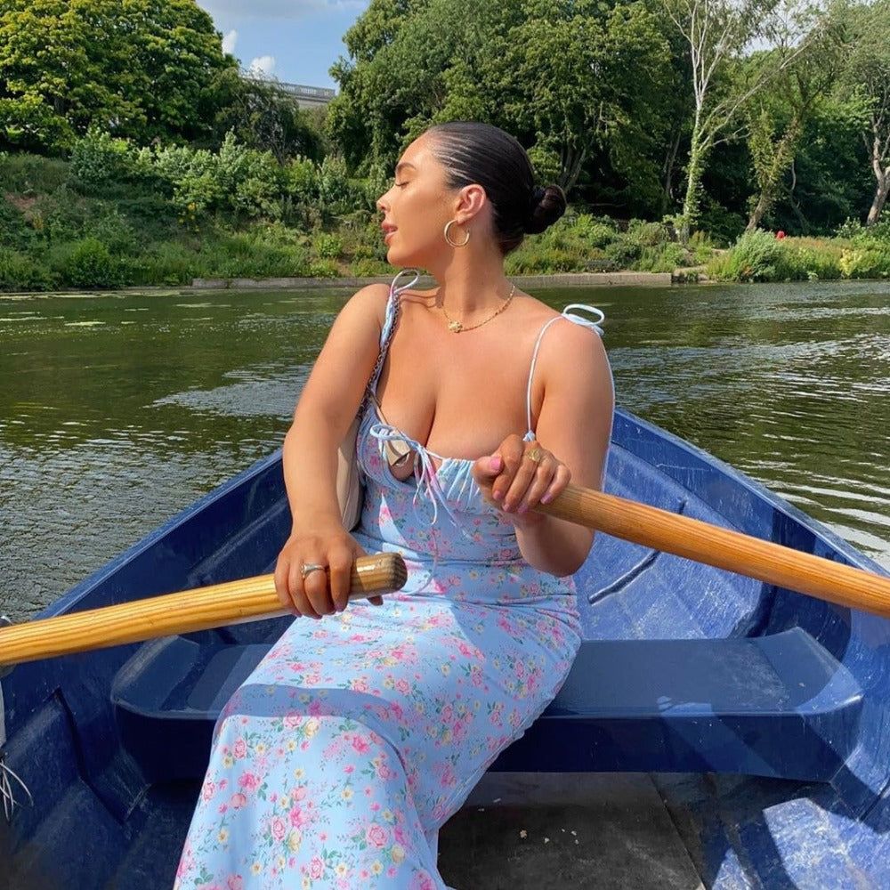 Striking Elegance Pale Blue Floral Maxi Dress - Image 2