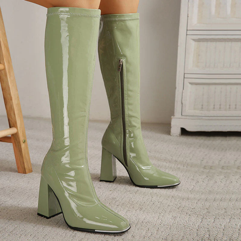 Square Toe Patent Leather Block Heel Knee High Boots - Olive Green - Image 2