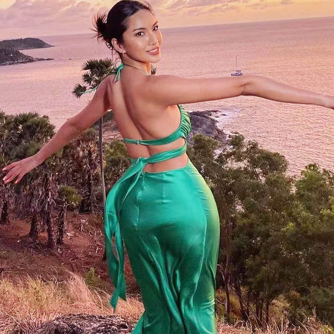 Tie Back Twist Front Cut Out Satin Slip Maxi Dress - Green - Image 2
