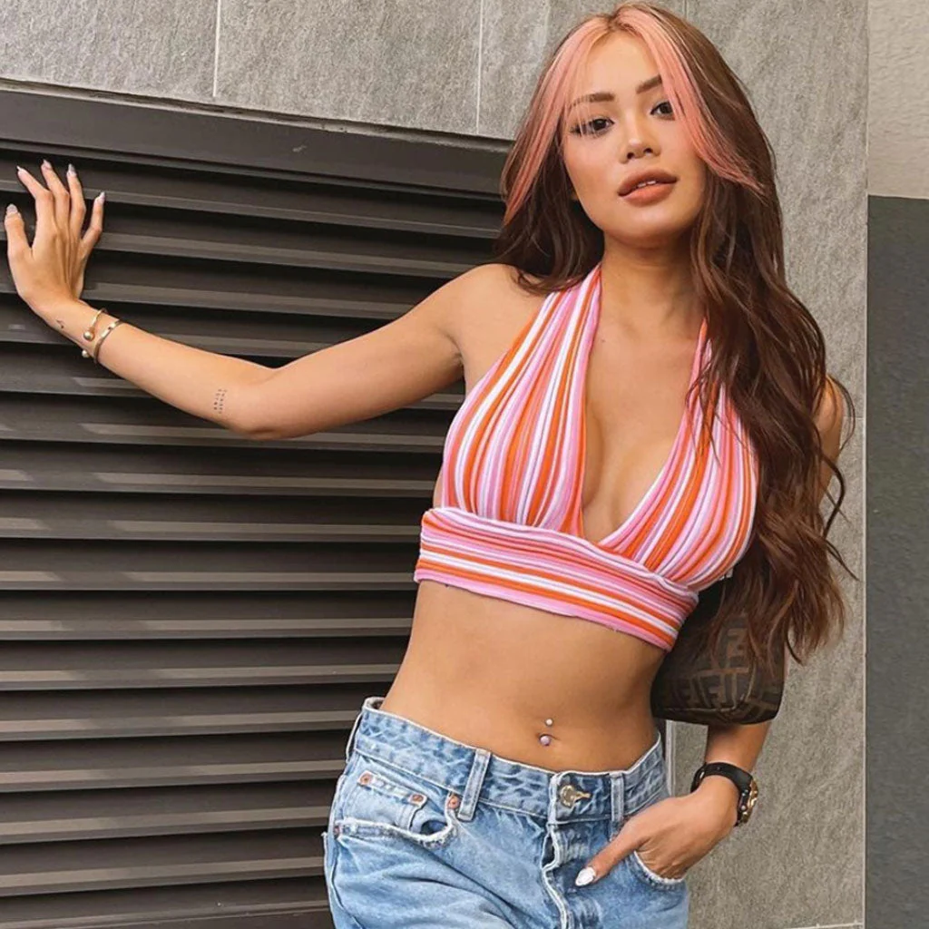 Striped Print Halter Neck Tie Back Knitted Crop Top - Orange - Image 2