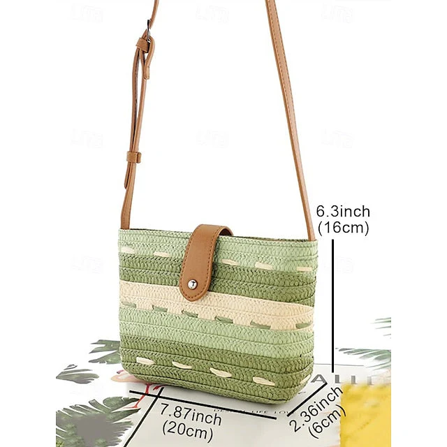 Striped with Bag Colorblock Straw Woven Brown Tote - Image 7