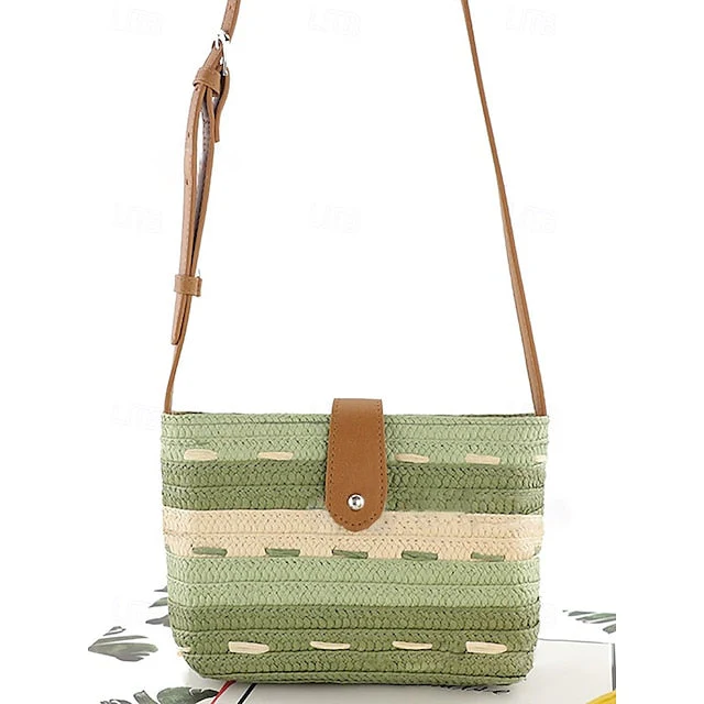 Striped with Bag Colorblock Straw Woven Brown Tote - Image 9