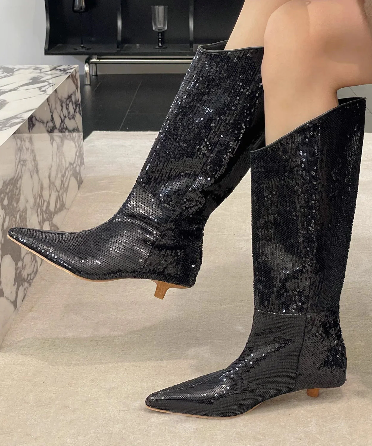 Stylish Apricot Kitten Heels Sequins Boots - Image 4